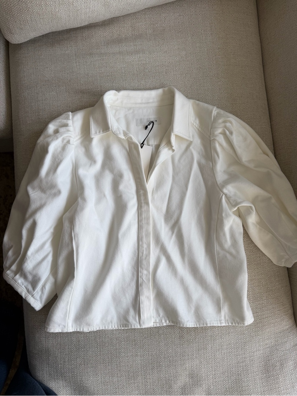 Zara ZW Collection White Denim Puff-Sleeve Button-Front Top - Picture 3 of 8